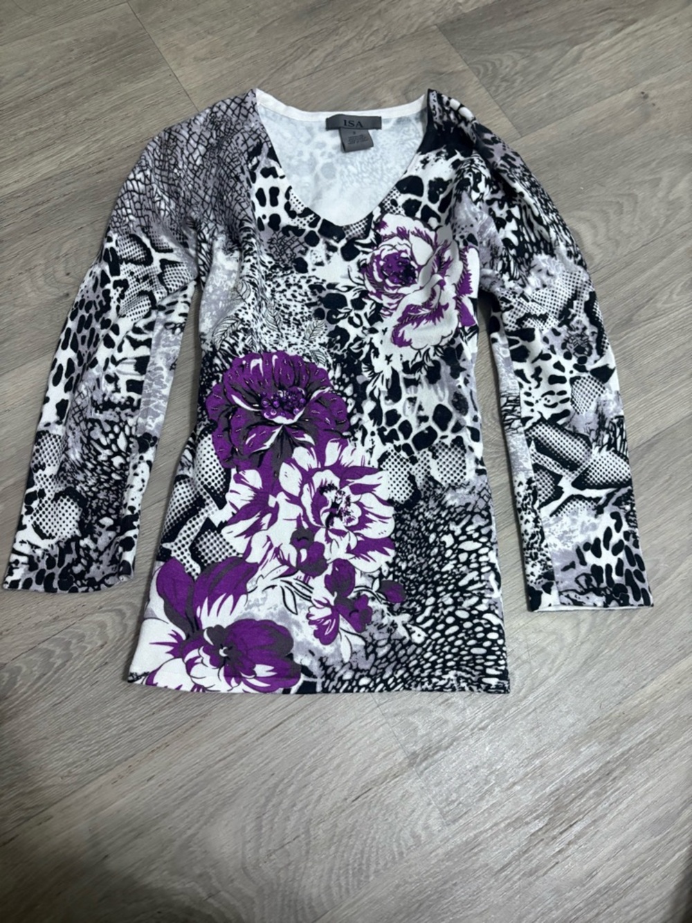 Purple Floral V-Neck Long Sleeve Top